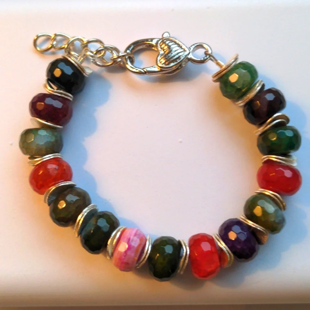 New Agate Bracelet.  Multi color, faceted.  Silver. Handcrafted.  7 1/2